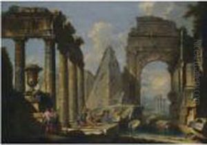 A Landscape With Classical Ruins And Figures Resting In The Foreground by Giovanni Niccolo Servandoni