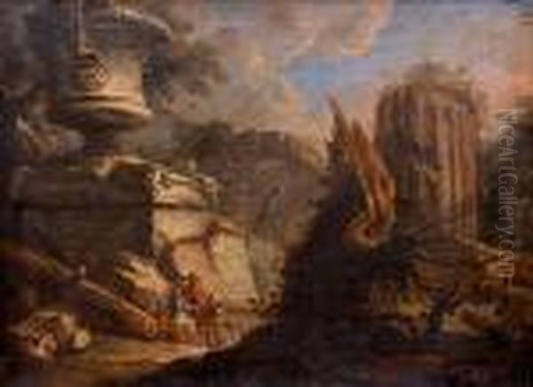 Pilgrims By Classical Ruins - view 1