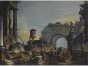 An Architectural Capriccio With Figures Amongst Ancient Ruins