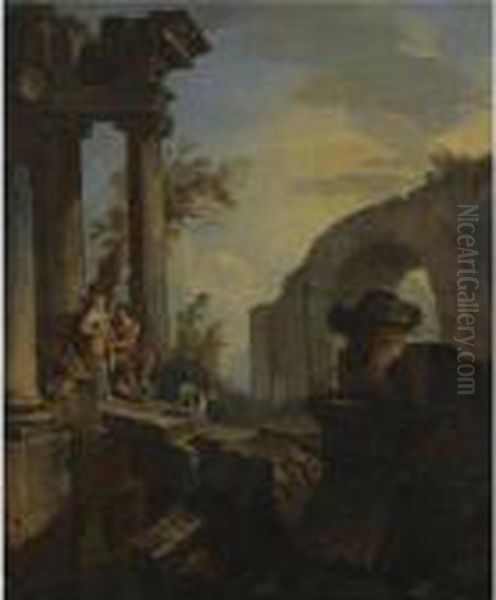 An Architectural Capriccio With A Couple Seated And A Dog Beneath Ruined Columns - view 1