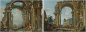 An Architectural Capriccio With
The Equestrian Statue Of Marcusaurelius And The Statue Of Silenus With
The Infant Dionysos; Anarchitectural Capriccio With Ruins Of A
Corinthian Temple Withfigures Gathered Around A Sybil by Giovanni Niccolo Servandoni