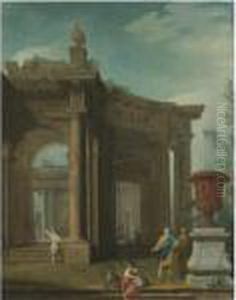 A Capriccio Scene Of Classical Ruins With Figures Resting In Theforeground by Giovanni Niccolo Servandoni
