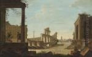 A Capriccio Of Classical Ruins With Figures At Rest by Giovanni Niccolo Servandoni