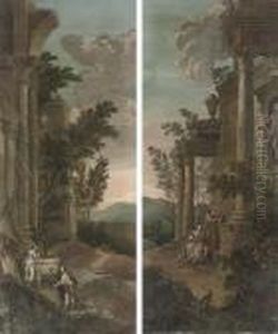 An Architectural Capriccio With 
Figures Conversing, A Dog In Theforeground; And An Architectural 
Capriccio With A Gentlemancourting A Lady, With Figures By An Obelisk
