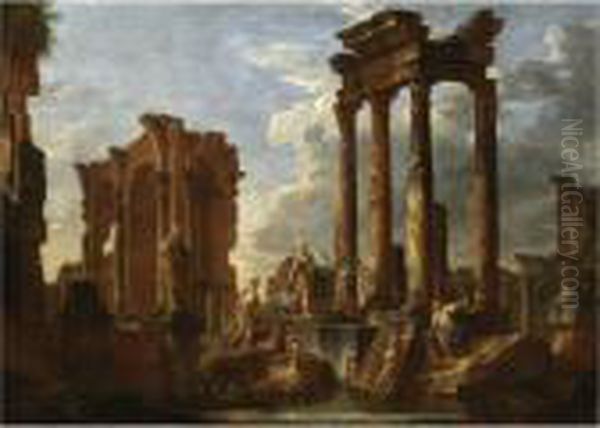 Capriccio Architettonico Con Figure E Soldati, Una Statua E Un Bassorilievo - view 1