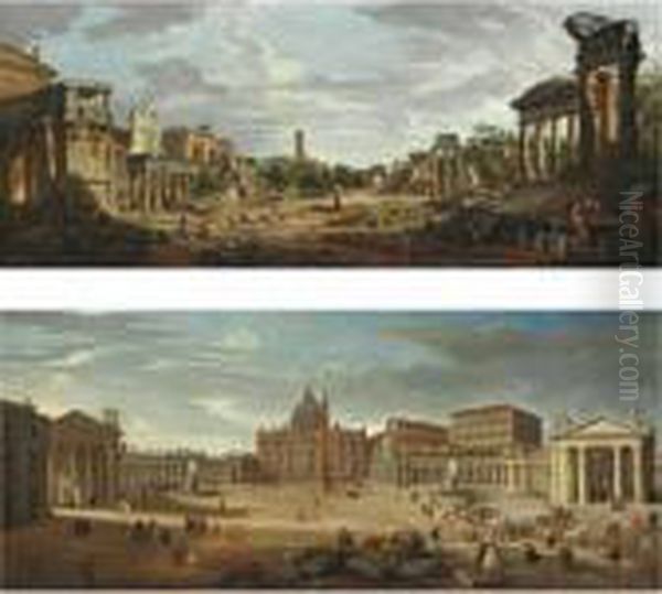 Veduta Di Foro Romano Con Figure
E Una Fontana Sulla Destra; Veduta Di Piazza San Pietro A Roma Con
Figure E Carrozze - view 1