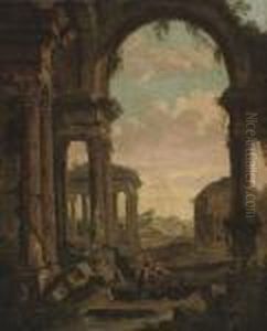 An Architectural Capriccio With Figures Amongst Classical Ruins, The Pantheon Beyond by Giovanni Niccolo Servandoni