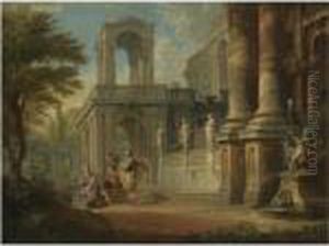 An Architectural Capriccio With 
Two Soldiers Addressing A Young Man, Figures On A Balcony Beyond