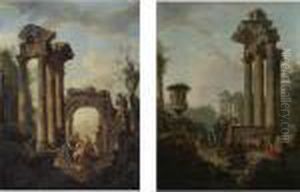 An Architectural Capriccio Of
Roman Ruins And Four Archeologists; An Architectural Capriccio Of Roman
Ruins And An Apostle Preaching by Giovanni Niccolo Servandoni