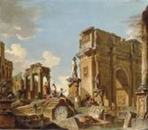 A Capriccio Of Classical Ruins With The Arch Of Constantine And Figures Conversing by Giovanni Niccolo Servandoni