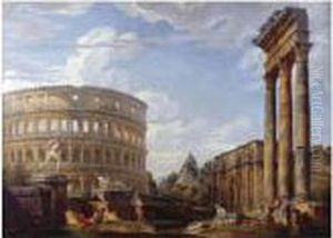 An Architectural Capriccio With The Colosseum And The Arch Of Constantine by Giovanni Niccolo Servandoni