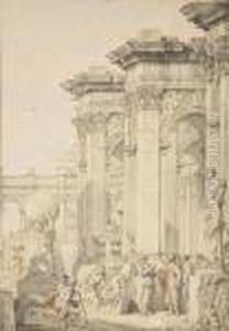 Un Capriccio Avec Des Portiques, Des Figures Et Une Statue D'atlas