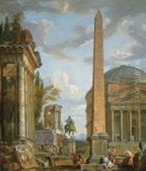 A Capriccio With Figures
Gathered Around The Obelisk Of Augustus, A View Of The Pantheon, The
Statue Of Marcus Aurelius And The Temple Of Sybil, Tivoli - view 1