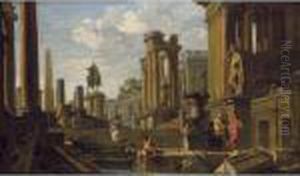 A Capriccio Of Classical Ruins 
With The Obelisk Of Augustus And The Statue Of Marcus Aurelius by Giovanni Niccolo Servandoni