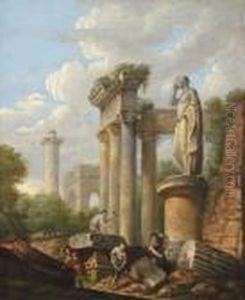 Architectural Capriccio With
Figures Excavating Classical Ruins Trajan's
Column Beyond by Giovanni Niccolo Servandoni