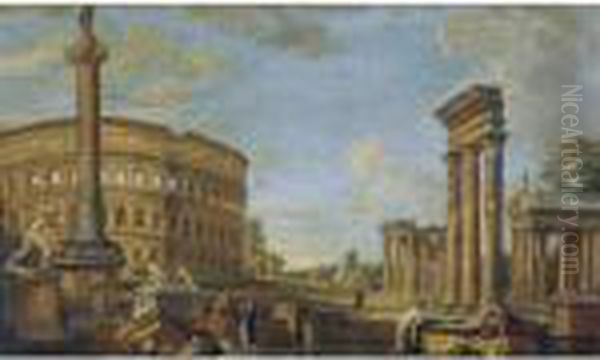 Capriccio Of Roman Ruins With 
Belisarius Begging For Alms, The Borghese Gladiator, The Dying Gaul, The
 Colosseum, Trajan's Column And The Temples Of Castor And Pollux, 
Fortuna Virilis And Vesta - view 1