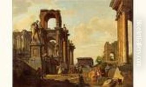 Vue Ideale De Ruines Romaines,
Avec Le Temple De Janus Quadrifronte Et L'hercule Farnese, Animees De
Personnages by Giovanni Niccolo Servandoni