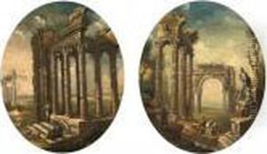 A Capriccio Of Classical Ruins With A Shepherd Resting by Giovanni Niccolo Servandoni