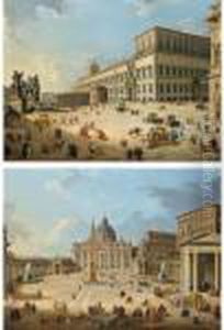 Rome, A View Of St. Peter's
Basilica And St. Peter's Square In The Vatican With An Ambassadorial
Procession And Figures Promenading; Rome, A View Of The Piazza And
Palazzo Del Quirinale With An Ambassadorial Procession And Other Figures by Giovanni Niccolo Servandoni