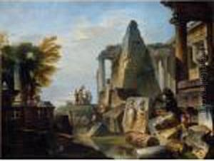A Philosopher And Soldiers Amongst Ancient Ruins Including The Pyramid Of Gaius Cestius by Giovanni Niccolo Servandoni