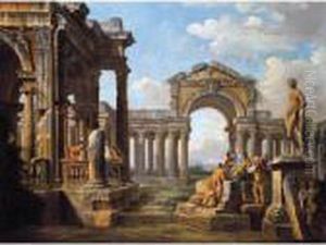 An Architectural Capriccio With A Philosopher And Soldiers Amongst Ancient Ruins by Giovanni Niccolo Servandoni