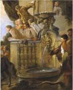 Figures At A Balustrade By A Fountain by Giovanni Niccolo Servandoni