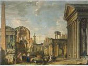 An Architectural Capriccio Of
Roman Ruins And The Statue Of Marcus Aurelius On Horseback With A
Soldier Returning, Other Soldiers And Figures Nearby by Giovanni Niccolo Servandoni