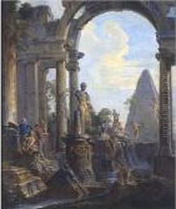 An Architectural Capriccio With 
The Pyramid Of Caius Cestius And A Classical Statue Of Meleager, 
Soldiers And Other Figures Conversing