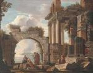 A Capriccio Of Classical Ruins With Figures Conversing, A Lakebeyond A Capriccio Of Classical Ruins With Figures Conversing, A Lakebeyond