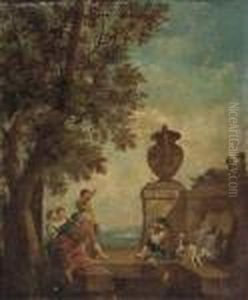Figures Conversing On A Terrace With Classical Statuary