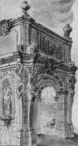 Umkreis Architektonisches 
Capriccio. Feder In Schwarz, Aquarelliert, Auf Papier. H 43,1; B 23 Cm. 
Provenienz: Slg. E. Biais, Angouleme ; Privatsammlung, Brussel. Tafel