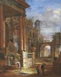 An Architectural Capriccio With Figures By A Fountain In A Square by Giovanni Niccolo Servandoni