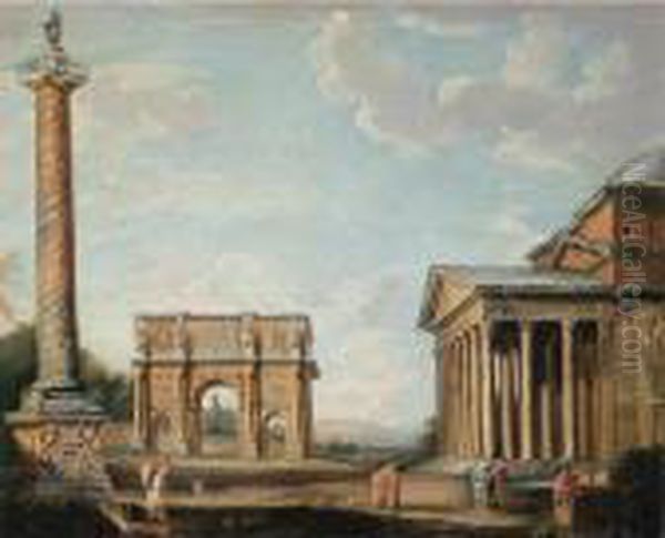 A View Of The Pantheon, Arch Of
Constantine, And Trajan's Column With The Coliseum In The Background - view 1