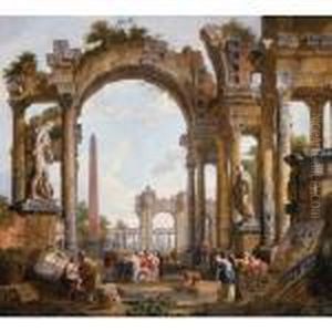 A Capriccio Of Classical Ruins With Christ Healing The Lame At The Pool Of Bethesda by Giovanni Niccolo Servandoni