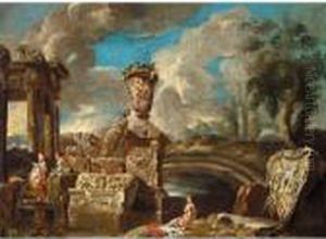 Landscape With Figures Among Classical Ruins by Giovanni Niccolo Servandoni
