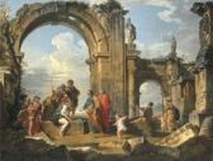 A Capriccio Of Roman Ruins With The Parable Of The Fishes by Giovanni Niccolo Servandoni