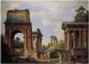 A Capriccio Of Roman Ruins And
Monuments, Including The Arch Of Titus, The Farnese Flora, The Temples
Of Saturn, Vespasian And Fortuna Virilis by Giovanni Niccolo Servandoni