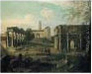 Rome, A Capriccio Of The Forum With Soldiers And Drovers Resting Among Classical Ruins by Giovanni Niccolo Servandoni