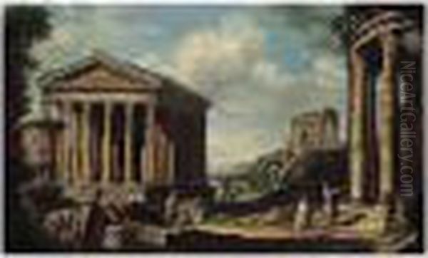 Capriccio Of Classical Ruins, 
With The Borghese Vase, The Maison Carree At Nimes, The Pont Du Gard 
Near Nimes, And The Temple Of The Sibyl At Tivoli - view 1