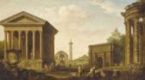 A Capriccio Of Figures Amongst Roman Ruins by Giovanni Niccolo Servandoni