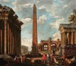 A Capriccio Of Classical Ruins 
With Figures By The Sarcophagus Of Constantine, An Obelisk, The Temple 
Of Fortuna, The Colosseum And The Basilica Of Maxentius Beyond
