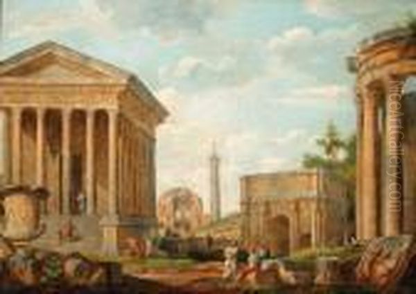 A Capriccio Of The Maison Care 
At Nmes, The Arch Of Septimusseverus, Trajan's Column, The Temple Of 
Minerva Medica And Thetemple Of Vesta With The Medici Vase And 
Philosophers In Theforeground - view 1