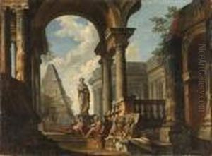 A Capriccio Of Roman Ruins With Soldiers Resting In Theforeground by Giovanni Niccolo Servandoni