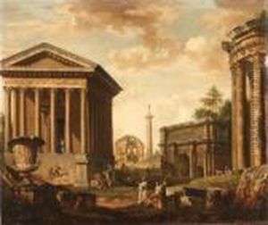 A Capriccio With La Maison Carre
De Nmes, The Temple Of Minervamedica, The Column Of Marcus Aurelius,
The Arch Of Septimus Severusand The Temple Of Vesta by Giovanni Niccolo Servandoni