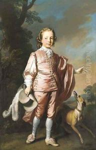 Portrait of John Prideaux Basset (1740-1756), full-length, in pink van Dyck dress, a whippet at his side, in a wooded landscape