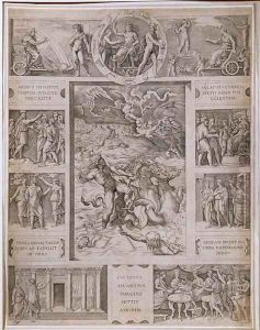 Quos Ego, Neptune Calming the Storm, with borders showing further scenes from Virgil's 'Aeneid', engraved by Marcantonio Raimondi 1480-1534 c.1515-16 by Marcantonio Raimondi