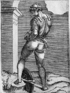 Soldier attaching his Breeches to his Breastplate, after Michelangelo by Marcantonio Raimondi