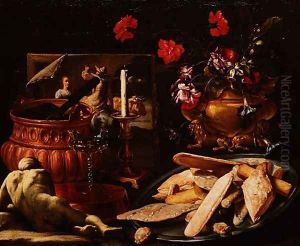 Still Life with Flowers in a Gilt Urn, a Painting and Cakes on a Salver by Giuseppe Recco