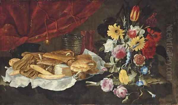 Roses, carnations, tulips and other flowers in a glass vase, with pastries and sweetmeats on a pewter platter, on a stone ledge - view 1