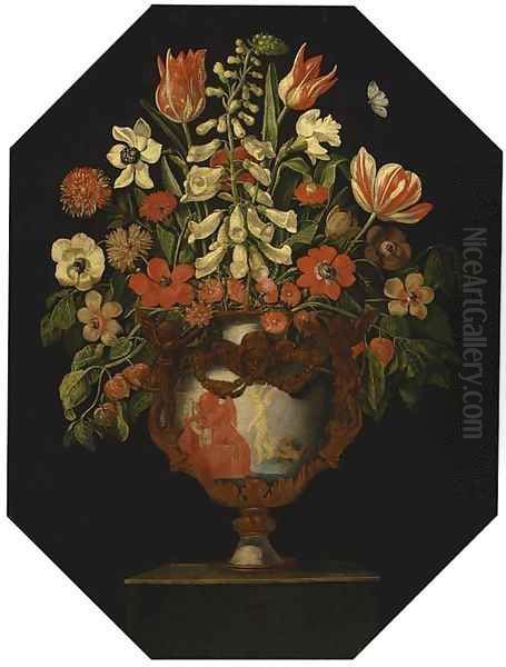 A foxglove, parrott tulips, poppies, daffodils, chrysanthemums and anemonies in an ormolu-mounted urn on a pedestal, with a butterfly - view 1